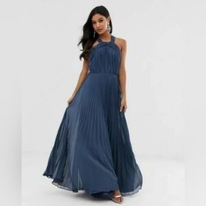 ASOS PLEATED CHIFFON HALTER MAXI WEDDING DRESS BLUE SIZE XSmall